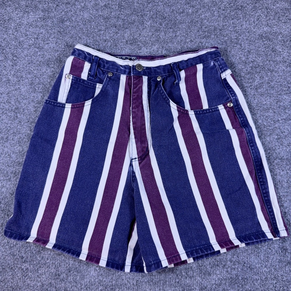 Vintage Nuovo County‎ Seat Striped Denim Shorts High Waist Blue Burgundy 5/6